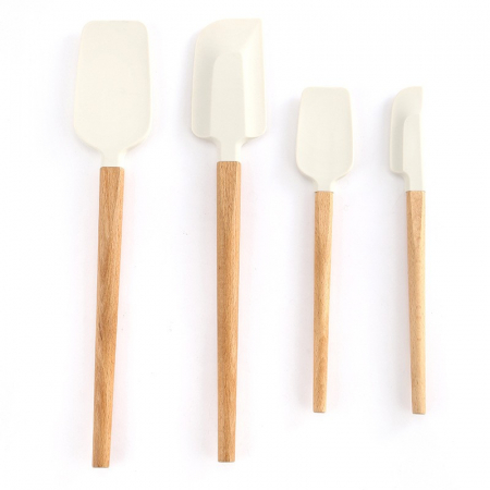 Bucatarie si electrocasnice - Ustensile de Bucatarie, Flippy, Set din 4 bucati, din Silicon si Lemn, Spatule de Diferite Dimensiuni, Termo rezistente, Antiaderente, Instrument de Amestecat in Bucatarie, Alb-Maro