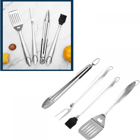 Set 4 ustensile pentru gratar Flippy, din otel inoxidabil, cu agatatoare, rezistente la temperaturi ridicate, argintiu [4]