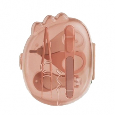 Jucarii, Copii & Bebe - Set 4in1 de Ingrijire Unghii pentru Bebelusi, Flippy, Cutie de Depozitare Dinozaur Transparent, 0-6 Ani, 11.5 x 9 x 3 cm, Roz