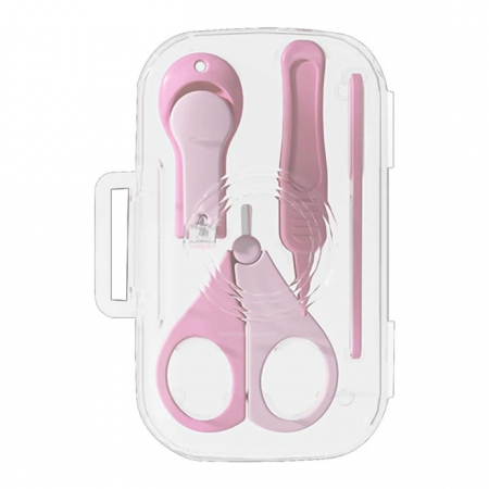Jucarii, Copii & Bebe - Set 4in1 de Ingrijire Unghii pentru Bebelusi, Flippy, Cutie de Depozitare Texturata, 0-6 Ani, 13.6x8x2 cm, Roz