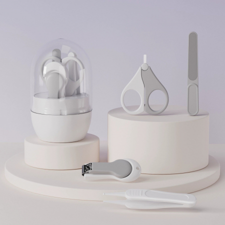 Set 4in1 de Ingrijire Unghii pentru Bebelusi, Flippy, Cutie de Depozitare Tip Borcan, 0-6 Ani, 10 x 7 x 6 cm, Alb/Gri [3]