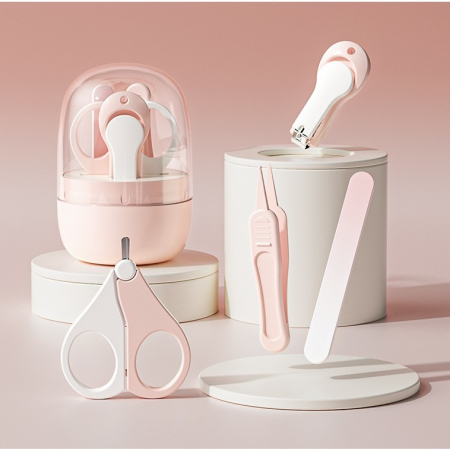 Set 4in1 de Ingrijire Unghii pentru Bebelusi, Flippy, Cutie de Depozitare Tip Borcan, 0-6 Ani, 10 x 7 x 6 cm, Roz [1]
