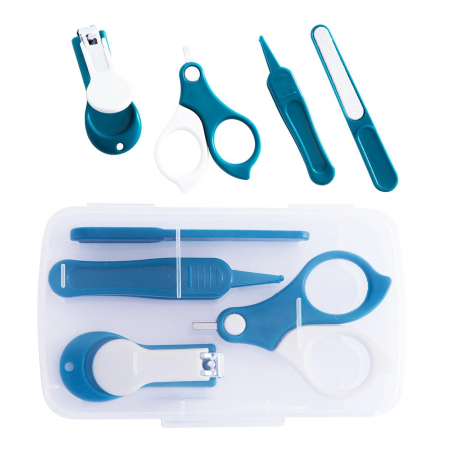 Lichidare de stoc Set 4in1 de Ingrijire Unghii pentru Bebelusi, Flippy, Cutie de Depozitare Transparenta, 0-6 Ani, 13.6x8x2 cm, Albastru Marin [1]