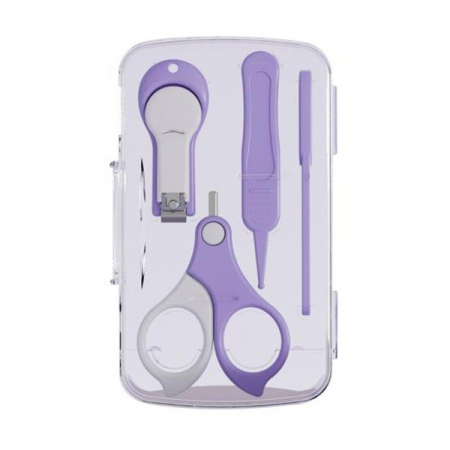 Jucarii, Copii & Bebe - Set 4in1 de Ingrijire Unghii pentru Bebelusi, Flippy, Cutie de Depozitare Transparenta, 0-6 Ani, 13.6x8x2 cm, Mov