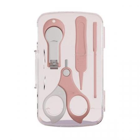 Jucarii, Copii & Bebe - Set 4in1 de Ingrijire Unghii pentru Bebelusi, Flippy, Cutie de Depozitare Transparenta, 0-6 Ani, 13.6x8x2 cm, Roz