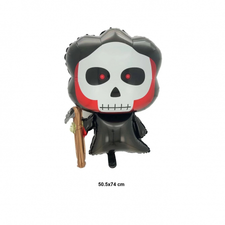 Set 5 Baloane din Folie Metalizata, Flippy, Figurine, Tema Halloween, Pai Inclus, Ambalaj Individual, Umflare cu Aer sau Heliu, Figurina Craniu 50.5x74 cm, Stelute si Cerculete 45 cm, Alb-Negru [1]
