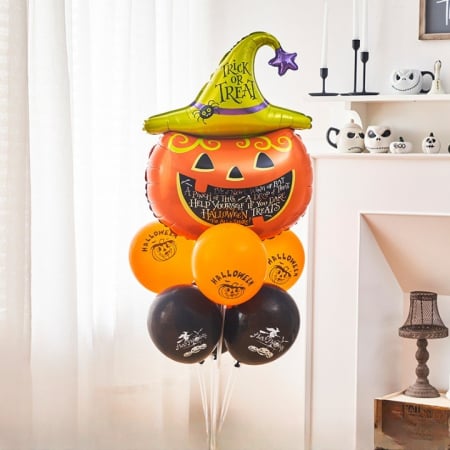 Set 5 Baloane din Folie Metalizata, Flippy, Figurine, Tema Halloween, Pai Inclus, Ambalaj Individual, Umflare cu Aer sau Heliu, Figurina Dovleac 54x87 cm, Stelute si Cerculete 45 cm, Multicolor [2]