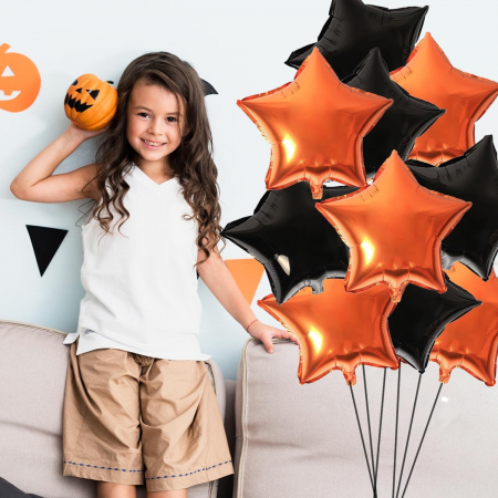 Set 5 Baloane din Folie Metalizata, Flippy, Figurine, Tema Halloween, Pai Inclus, Ambalaj Individual, Umflare cu Aer sau Heliu, Figurina Dovleac 54x87 cm, Stelute si Cerculete 45 cm, Multicolor [6]