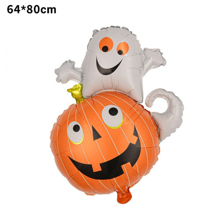 Set 5 Baloane din Folie Metalizata, Flippy, Figurine, Tema Halloween, Pai Inclus, Ambalaj Individual, Umflare cu Aer sau Heliu, Figurina Dovleac cu Fantoma 64x80 cm, Stelute si Cerculete 45 cm, Multic [6]