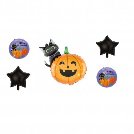 Articole petrecere - Set 5 Baloane din Folie Metalizata, Flippy, Figurine, Tema Halloween, Pai Inclus, Ambalaj Individual, Umflare cu Aer sau Heliu, Figurina Dovleac si Pisica 84x69 cm, Stelute si Cerculete 45 cm, Multico