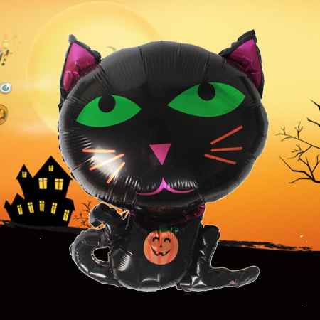 Set 5 Baloane din Folie Metalizata, Flippy, Figurine, Tema Halloween, Pai Inclus, Ambalaj Individual, Umflare cu Aer sau Heliu, Figurina Pisica 65x49 cm, Stelute si Cerculete 45 cm, Negru [5]