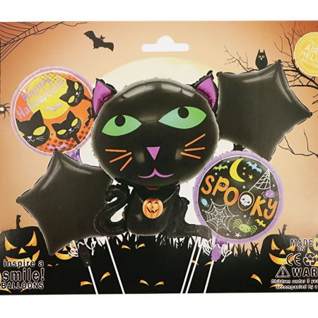 Set 5 Baloane din Folie Metalizata, Flippy, Figurine, Tema Halloween, Pai Inclus, Ambalaj Individual, Umflare cu Aer sau Heliu, Figurina Pisica 65x49 cm, Stelute si Cerculete 45 cm, Negru [1]