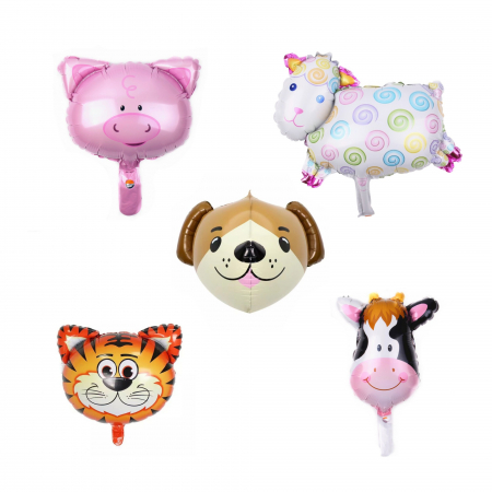 Articole petrecere - Set 5 Baloane Folie Metalizata, Flippy, Figurine Animale Domestice, 30 cm, Ambalaj Individual, Pai inclus, Umflare cu Aer sau Heliu, Multicolor