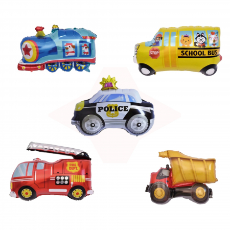 Articole petrecere - Set 5 Baloane Folie Metalizata, Flippy, Figurine Masini, 30 cm, Ambalaj Individual, Pai inclus, Umflare cu Aer sau Heliu, Multicolor