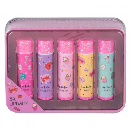 Jucarii, Copii & Bebe - Set 5 balsamuri de buze in cutie metalica, Create It!, diferite arome
