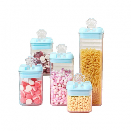 Pentru Casa si Camping - Set 5 Cutii de Depozitare Alimente, Flippy, 1 x 500ml, 2 x 800ml, 1 x 1200ml, 1 x 1900ml, Capac Albastru, din PP+PET, Inchidere Ermetica, Transparent