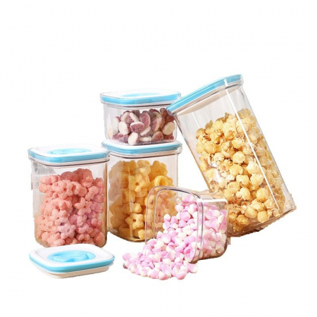 Pentru Casa si Camping - Set 5 Cutii de Depozitare pentru Bucatarie, Flippy, 2 x 600ml, 2 x 1.3L, 1 x 2L, din ABS+PET+Silicon, Capac Alb/Albastru, 23 x 10 x 10 cm, Transparent
