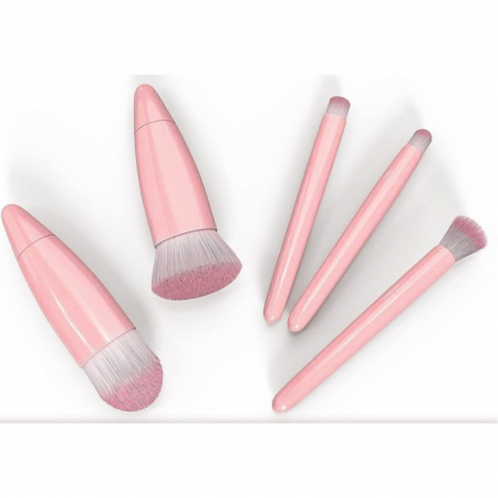 Set 5 Mini Pensule de Machiaj, Flippy, Portabile, in Carcasa cu Oglinda, din Par Sintetic Moale, Roz, 12x7x2.5 cm [1]