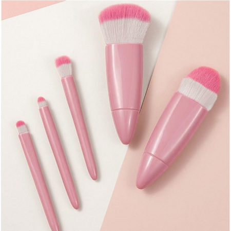 Set 5 Mini Pensule de Machiaj, Flippy, Portabile, in Carcasa cu Oglinda, din Par Sintetic Moale, Roz, 12x7x2.5 cm [4]