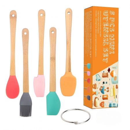 Pentru Casa si Camping - Set 5 Mini Spatule de Silicon Flippy, pensula, Stejar, Multicolor
