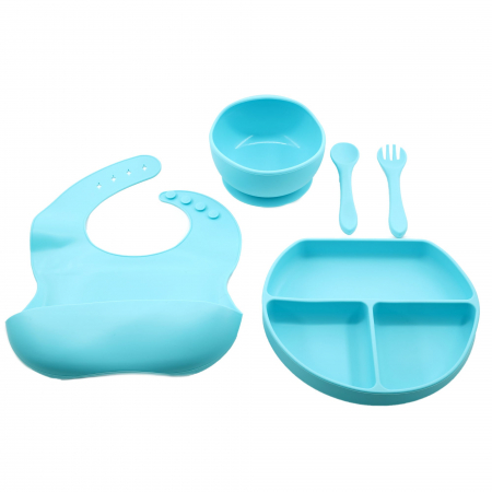 Jucarii, Copii & Bebe - Set 5 piese diversificare bebelusi si copii din silicon Flippy, baveta, farfurie compartimentata cu ventuza, bol cu ventuza, tacamuri, fara alergeni, albastru