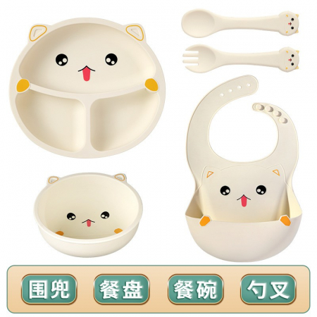 Jucarii, Copii & Bebe - Set 5 Piese Hranire Bebelusi si Copii, Flippy, din Silicon, fara BPA, de la 12 Luni, Model Pisicuta, 28 x 26 x 2 cm, Bej