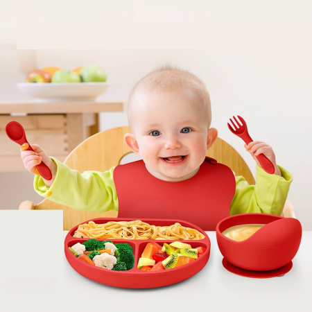 Set 5 piese diversificare bebelusi si copii din silicon Flippy, baveta, farfurie compartimentata cu ventuza, bol cu ventuza, tacamuri, fara alergeni, rosu [3]