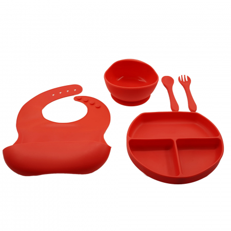 Jucarii, Copii & Bebe - Set 5 piese diversificare bebelusi si copii din silicon Flippy, baveta, farfurie compartimentata cu ventuza, bol cu ventuza, tacamuri, fara alergeni, rosu