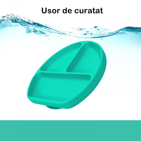 Set 5 piese diversificare bebelusi si copii din silicon Flippy, baveta, farfurie compartimentata cu ventuza, bol cu ventuza, tacamuri, fara alergeni, verde [1]