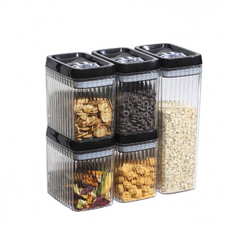 Ustensile de bucatarie - Set 5 Recipiente din Plastic, Flippy, pentru Alimente/Obiecte, Inchidere Ermetica, Textura Ondulata, 4 x 1.5l, 1 x 3.3 l, Transparent