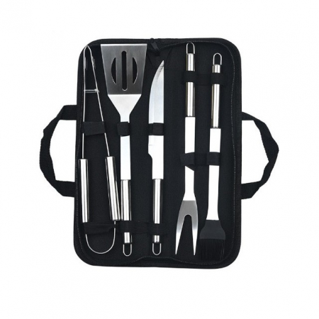 Ustensile de bucatarie - Set 5 Ustensile pentru Gratar, Flippy, din Otel Inoxidabil, Geanta Oxford, Argintiu