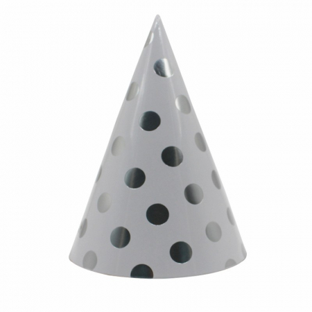 Articole petrecere - Set 6 Coifuri Metalizate, Flippy, pentru Petrecere, Tematica Aniversare, Model Buline, 20 cm, Argintiu