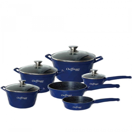 Pentru Casa si Camping - Set 6 cratite cu capac CF-DIAC12BLUE, acoperire din marmura, anti zgarietura, 18-20-24-28cm/1.6L-2L-3.5L-5.7L