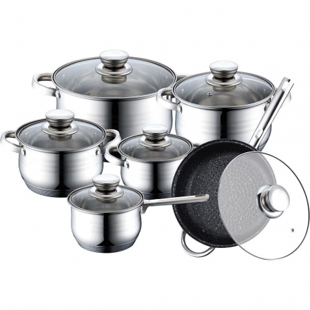 Pentru Casa si Camping - Set 6 cratite inox cu capac BM-1202, 16-16-18-20-24-24cm/2.1-2.1-2.9-3.4-3.9-6.5L