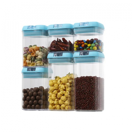 Pentru Casa si Camping - Set 6 Cutii de Depozitare Alimente, Flippy, 2 x 500ml, 2 x 800ml, 2 x 1200ml, Capac Albastru, din PP+PET, Inchidere Ermetica, Transparent