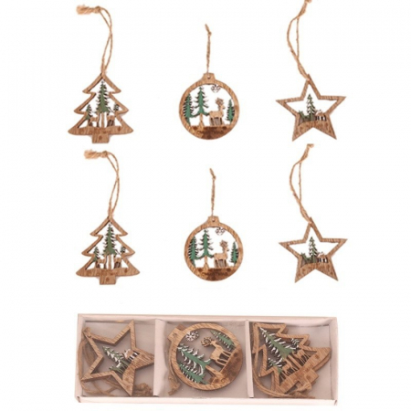 Pentru Casa si Camping - Set 6 Decoratiuni de Craciun din Lemn, Flippy, cu Snur pentru Agatare in Brad, Model Brad, Glob si Steluta, Verde