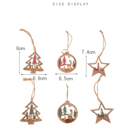 Set 6 Decoratiuni de Craciun din Lemn, Flippy, cu Snur pentru Agatare in Brad, Model Brad, Glob si Steluta, Verde [1]