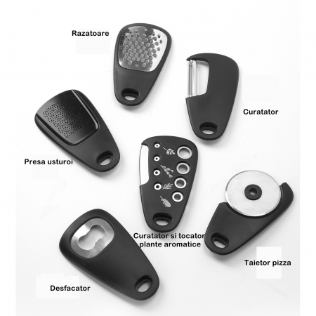 Set 6 in 1 mini ustensile bucatarie Flippy, taietor pizza, cutit, curatator, razatoare, desfacator, presa usturoi, manere din ABS, lame ascutite din otel inoxidabil, 7.1 x 12.9 x 4.8 cm, negru [3]
