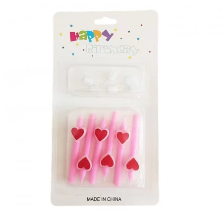 Articole petrecere - Set 6 Lumanari de Tort, Flippy, Model Creion cu Inimioare, 5.9 x 1.1 cm, din Ceara, Roz