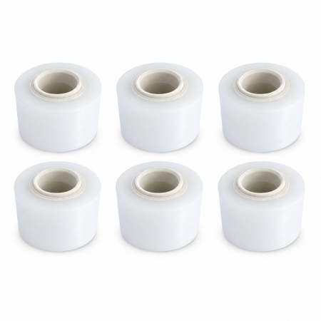 Sub 99 Lei - Set 6 Mini Role Folie Stretch Manuala pentru Ambalare, Impachetare si Fixare Produse, Utilizare Depozit si Transport, 12.5 cm, 0.38 kg pe Rola, Transparent