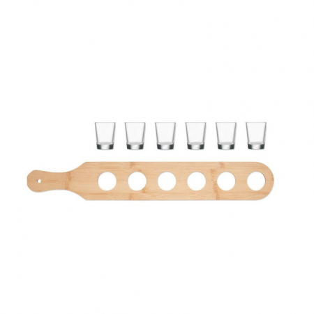 Set 6 Pahare Shot din Sticla Flippy, cu Suport din Lemn, Design Rustic, 49.5 x 7 x 6.5 cm, Maro [5]