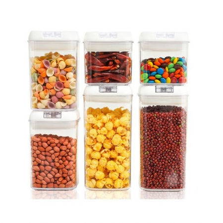 Set 6 Recipiente din Plastic, Flippy, pentru Alimente/Obiecte, Inchidere Ermetica, 2 x 0.5l, 2 x 0.8l, 2 x 1.2l, Capac Alb, Transparent [2]