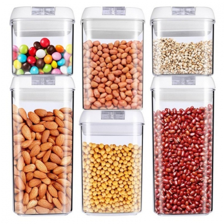 Bucatarie si electrocasnice - Set 6 Recipiente din Plastic, Flippy, pentru Alimente/Obiecte, Inchidere Ermetica, 2 x 0.5l, 2 x 0.8l, 2 x 1.2l, Capac Alb, Transparent