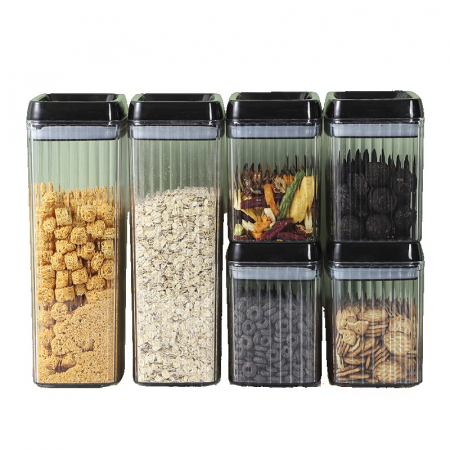 Ustensile de bucatarie - Set 6 Recipiente din Plastic, Flippy, pentru Alimente/Obiecte, Inchidere Ermetica, Textura Ondulata, 4 x 1.5l, 2 x 3.3l, Transparent