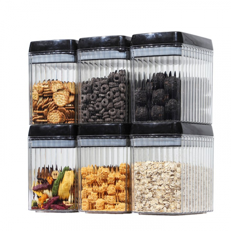 Ustensile de bucatarie - Set 6 Recipiente din Plastic, Flippy, pentru Alimente/Obiecte, Inchidere Ermetica, Textura Ondulata, 6 x 1.5l, Transparent