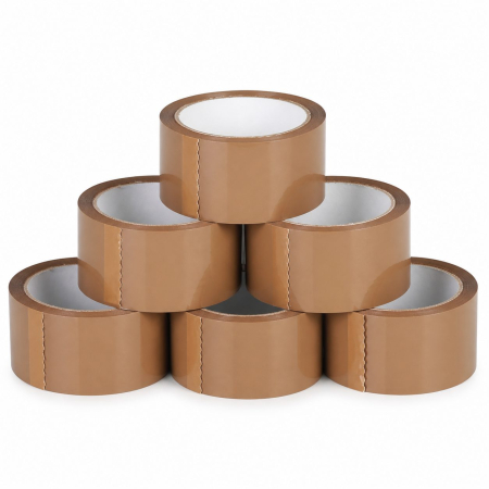 Sub 99 Lei - Set 6 Role Banda Adeziva Low Noise pentru Ambalare Colete si Pachete, Aderenta Ridicata, Derulare Silentioasa, 5 cm x 66 m, Maro
