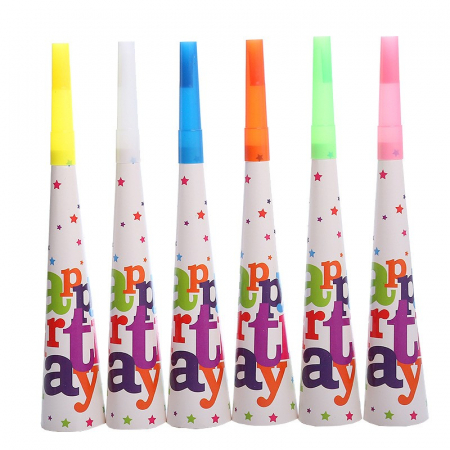 Articole petrecere - Set 6 Suflatori, Flippy, Colectia Happy Birthday, 20 cm, din Carton, Multicolor