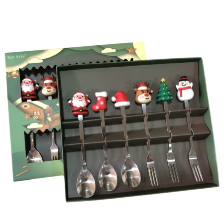 Casă și camping - Set 6 Tacamuri, Flippy, Tema Craciun, 3 Linguri + 3 Furculite, cu Figurine, din Otel Inoxidabil, Cutie Cadou, 19 x 22 x 2.2 cm, Argintiu