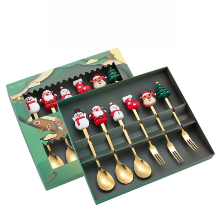 Casă și camping - Set 6 Tacamuri, Flippy, Tema Craciun, 3 Linguri + 3 Furculite, cu Figurine, din Otel Inoxidabil, Cutie Cadou, 19 x 22 x 2.2 cm, Auriu