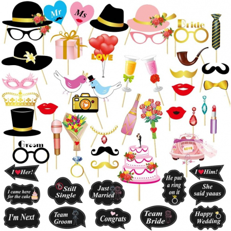 Articole petrecere - Set 60 de Accesorii pentru Petrecere, Flippy, Tematica Nunta, Props pentru Coltul de Poze, Ochelari, Palarii, Mustata, Cravata, pentru Evenimente, Multicolor